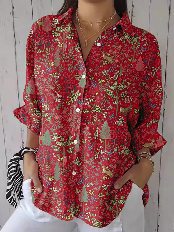 Women's casual retro forest print cotton and linen shirt