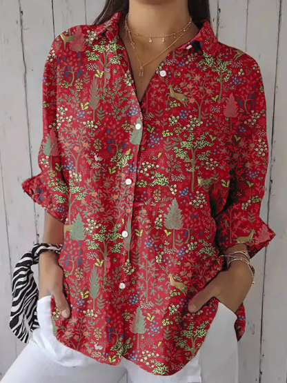 Women's casual retro forest print cotton and linen shirt