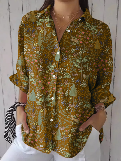 Women's casual retro forest print cotton and linen shirt
