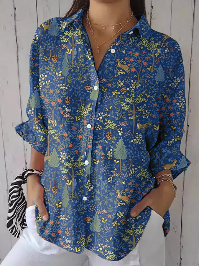 Women's casual retro forest print cotton and linen shirt