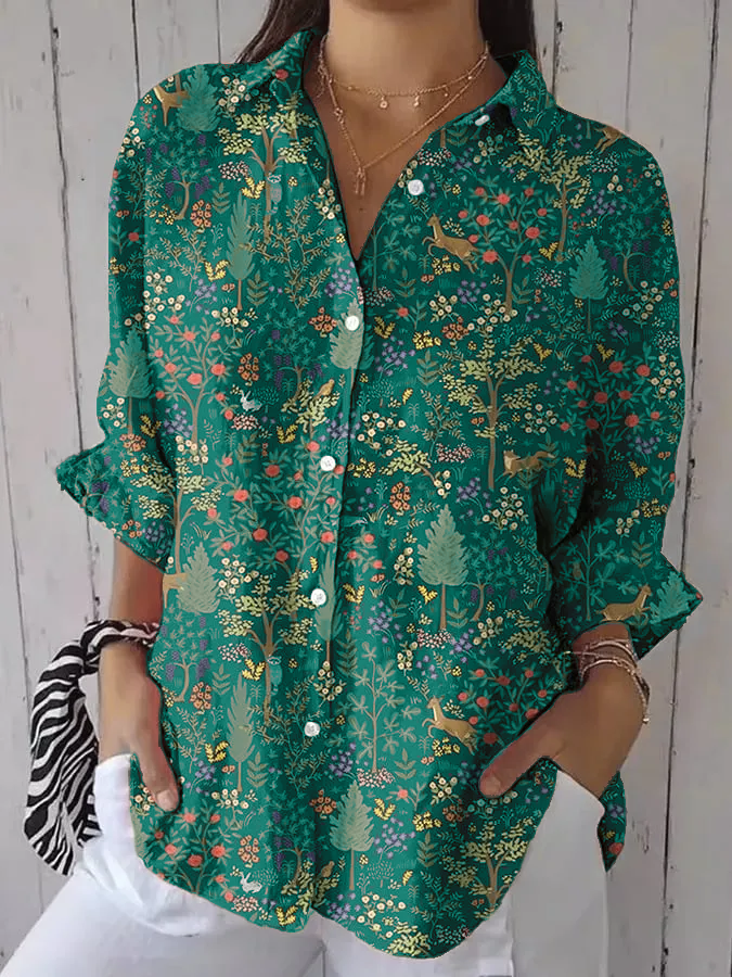 Women's casual retro forest print cotton and linen shirt