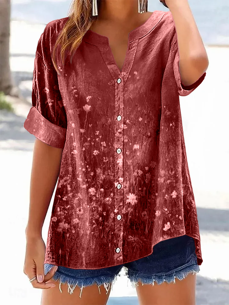 Women's Retro Casual Floral Cotton and Linen Shirt