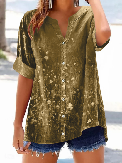 Women's Retro Casual Floral Cotton and Linen Shirt