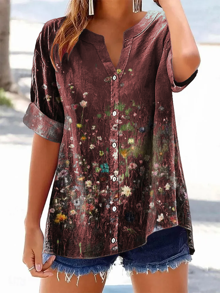 Women's Retro Casual Floral Cotton and Linen Shirt