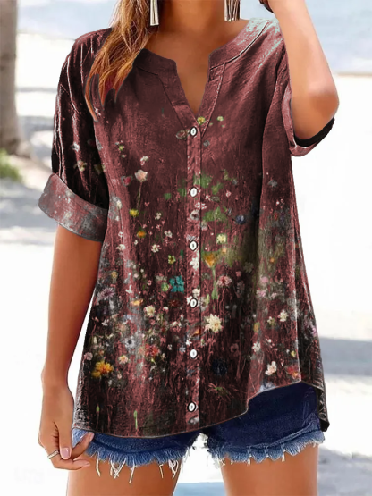 Women's Retro Casual Floral Cotton and Linen Shirt