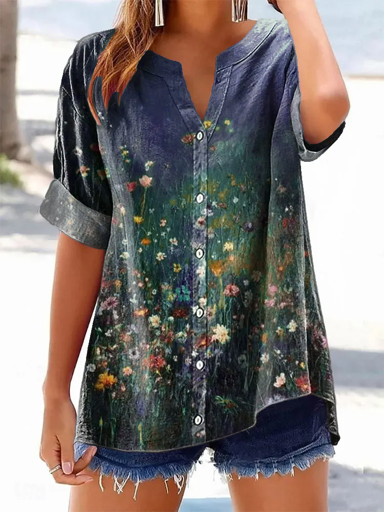 Women's Retro Casual Floral Cotton and Linen Shirt