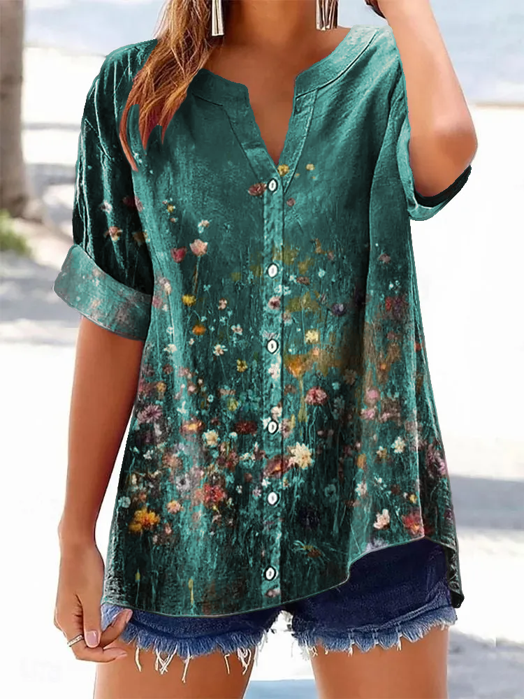 Women's Retro Casual Floral Cotton and Linen Shirt