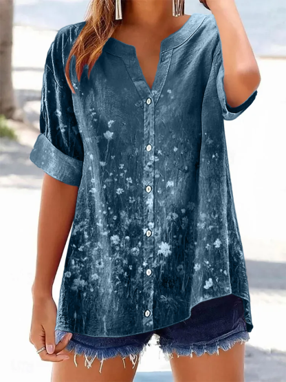 Women's Retro Casual Floral Cotton and Linen Shirt