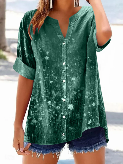 Women's Retro Casual Floral Cotton and Linen Shirt