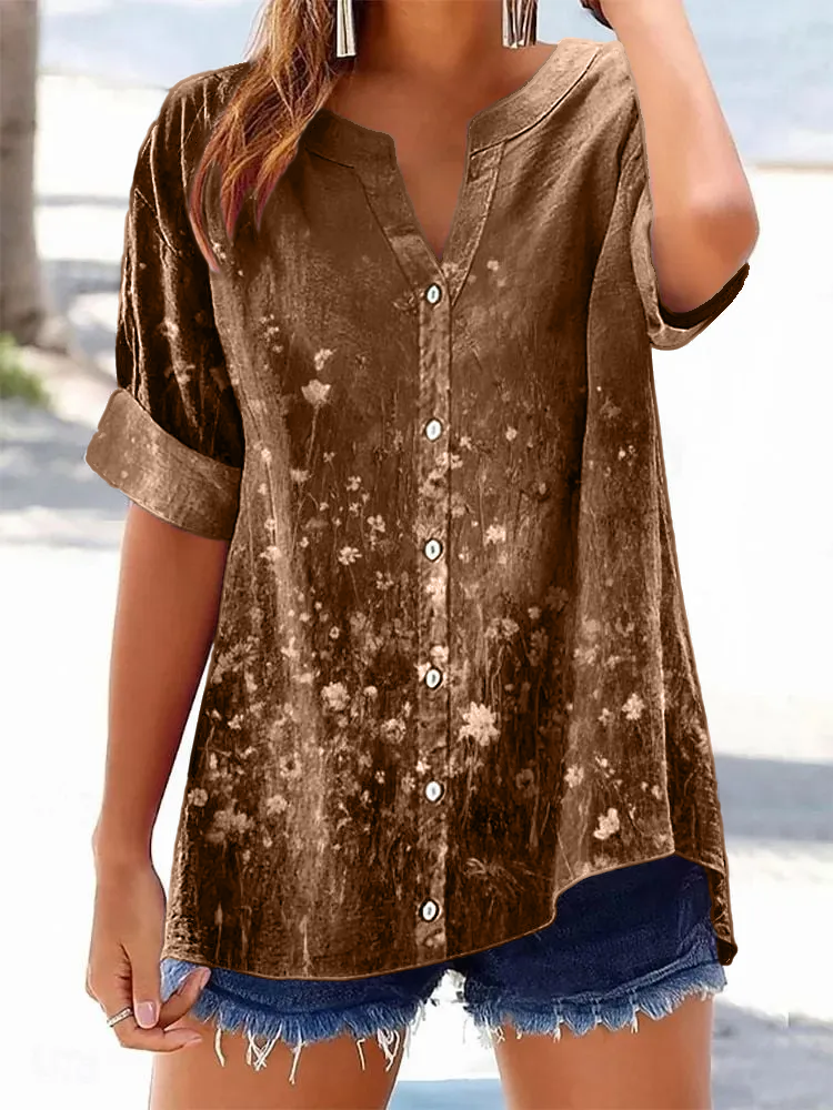 Women's Retro Casual Floral Cotton and Linen Shirt