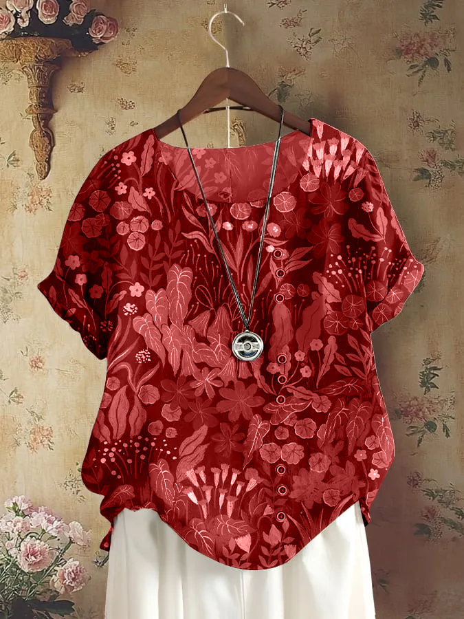 Women's Retro Forest Plant Floral Print Shirt