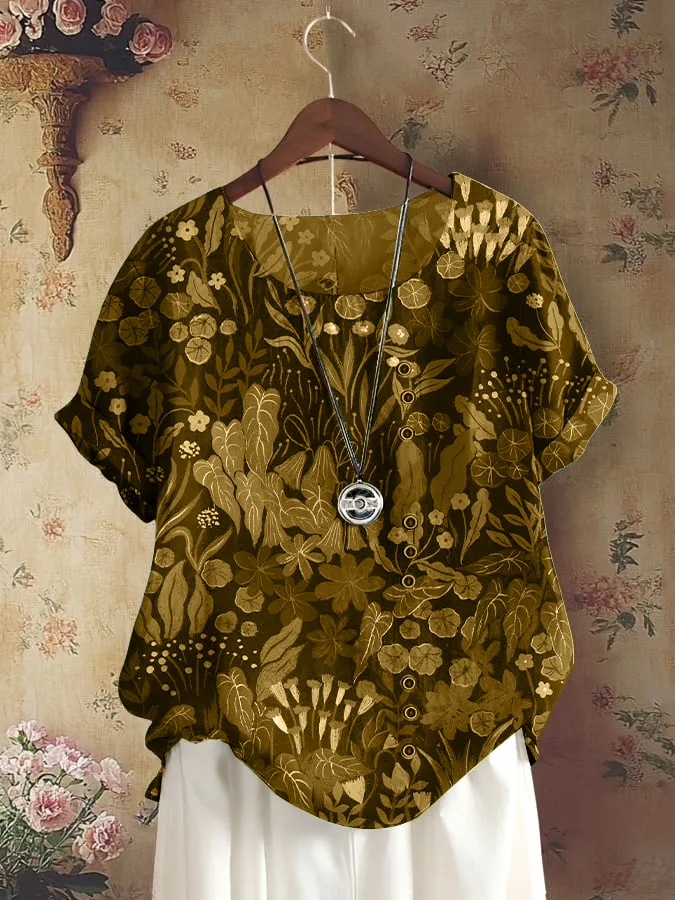 Women's Retro Forest Plant Floral Print Shirt
