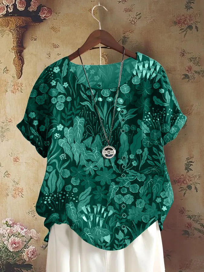 Women's Retro Forest Plant Floral Print Shirt