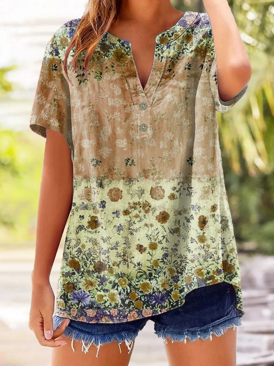 Women's Retro Casual Floral Cotton and Linen Top