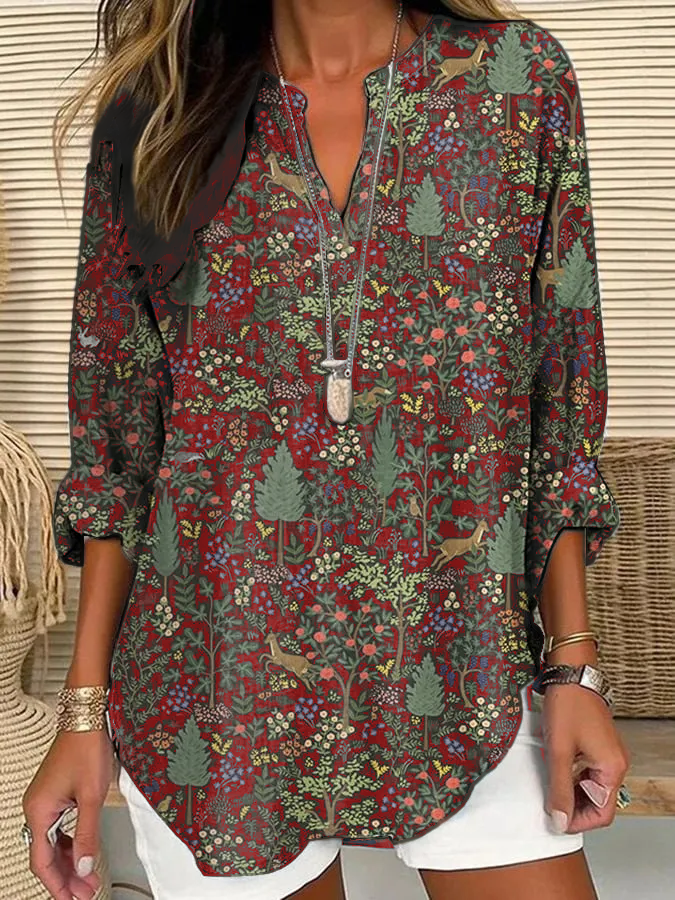 Women's Casual Forest Animal Plant Flower Cotton And Linen Shirt
