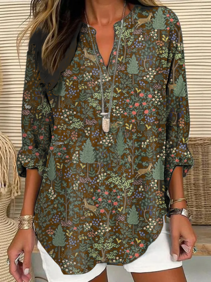 Women's Casual Forest Animal Plant Flower Cotton And Linen Shirt