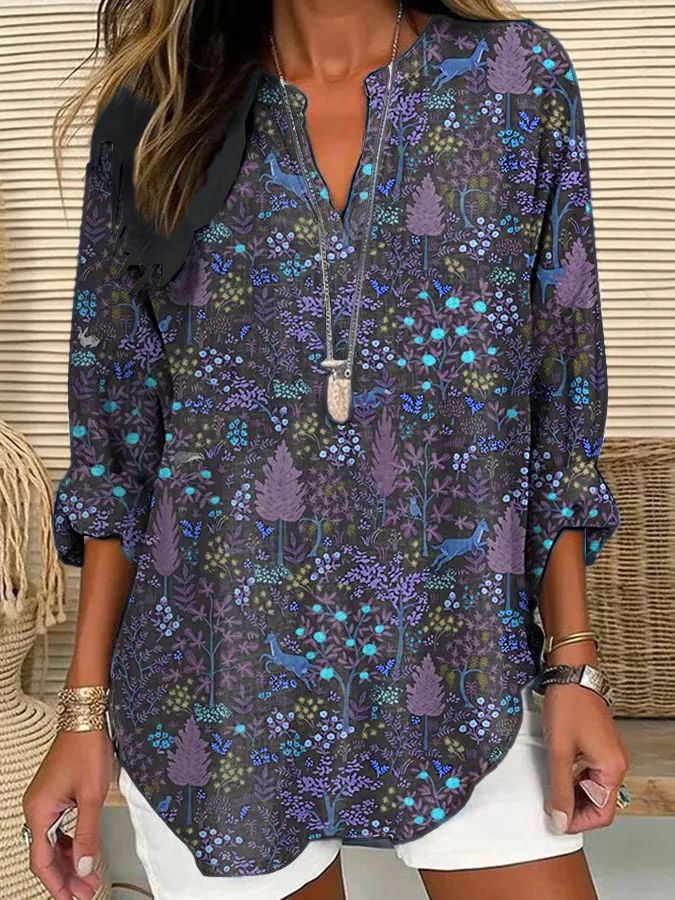 Women's Casual Forest Animal Plant Flower Cotton And Linen Shirt