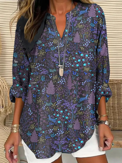 Women's Casual Forest Animal Plant Flower Cotton And Linen Shirt