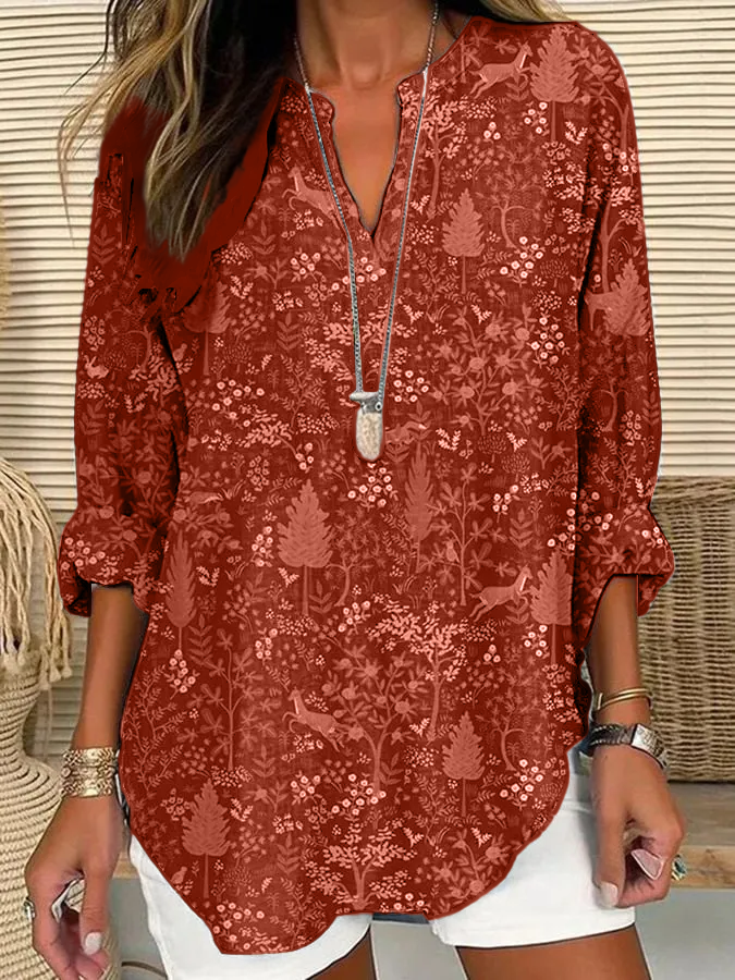 Women's Casual Forest Animal Plant Flower Cotton And Linen Shirt