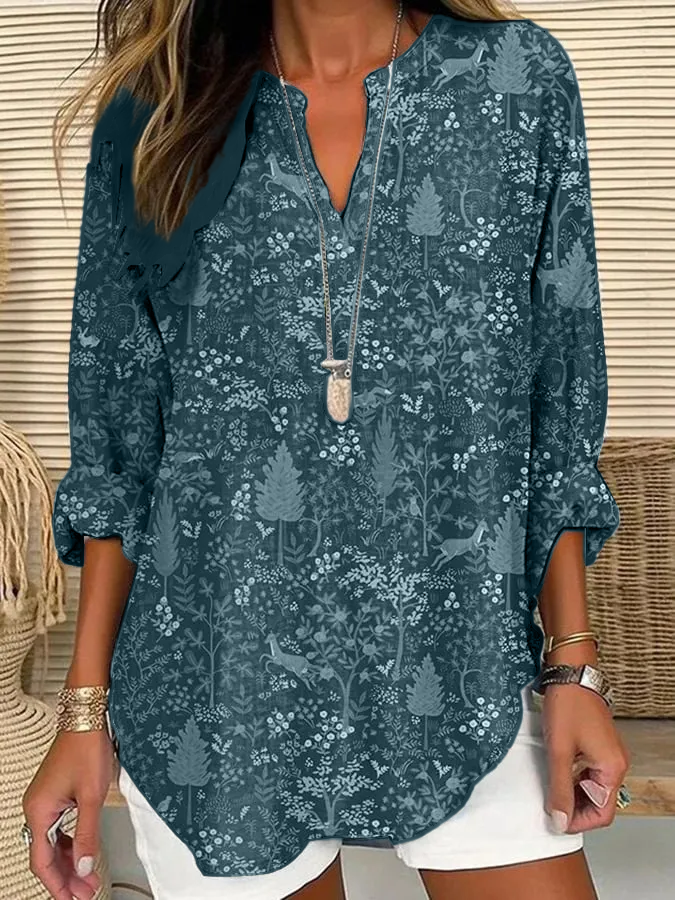 Women's Casual Forest Animal Plant Flower Cotton And Linen Shirt