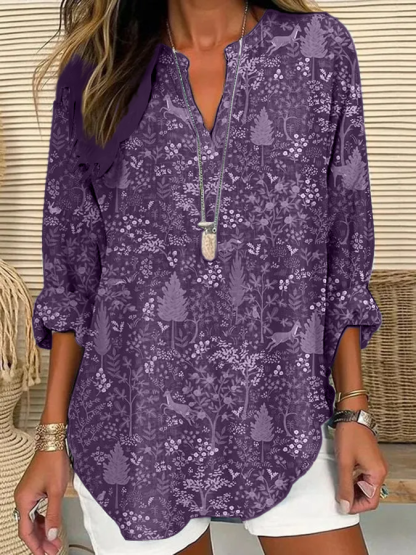 Women's Casual Forest Animal Plant Flower Cotton And Linen Shirt