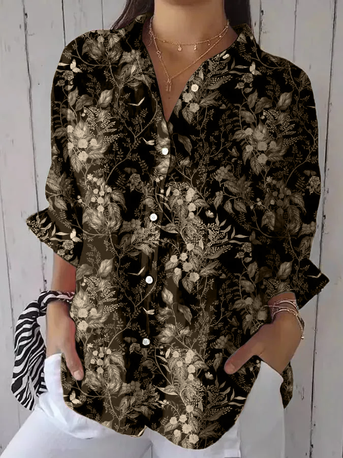 Women's Casual Forest Floral Cotton And Linen Shirt