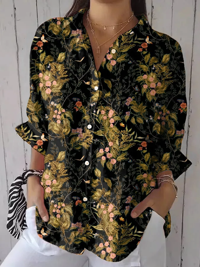 Women's Casual Forest Floral Cotton And Linen Shirt