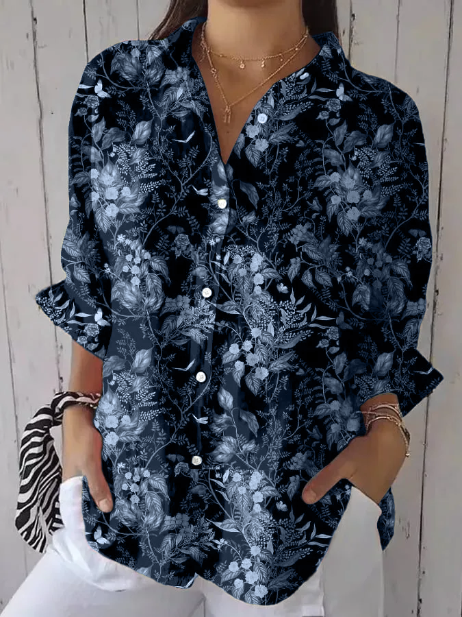 Women's Casual Forest Floral Cotton And Linen Shirt