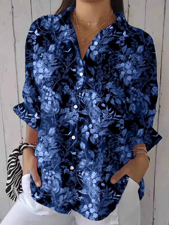 Women's Casual Forest Floral Cotton And Linen Shirt