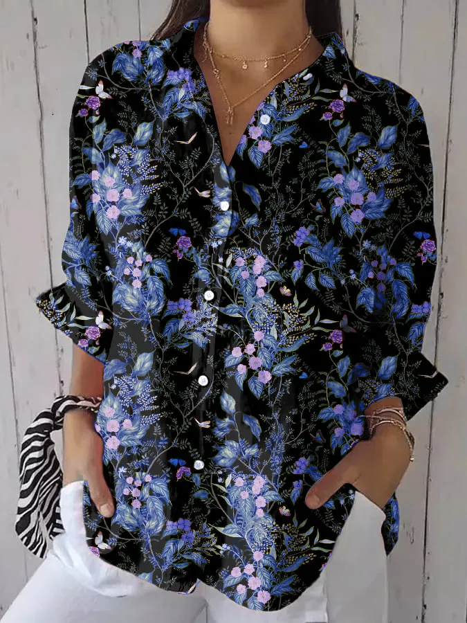 Women's Casual Forest Floral Cotton And Linen Shirt