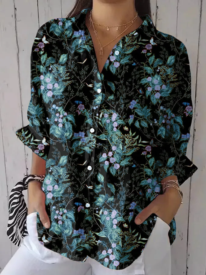 Women's Casual Forest Floral Cotton And Linen Shirt