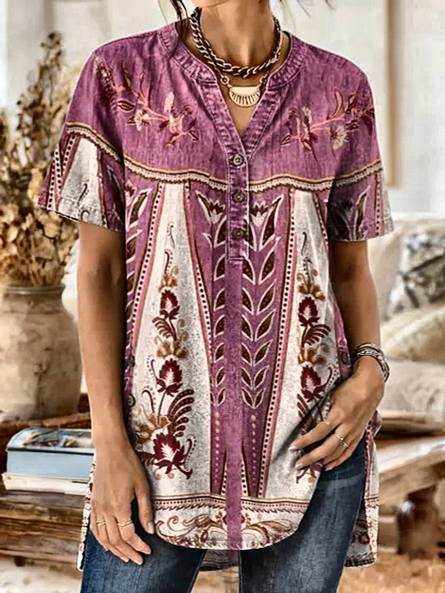 Women's Vintage Courtly Ethnic Floral Art Print Casual Washed Denim Cotton Top