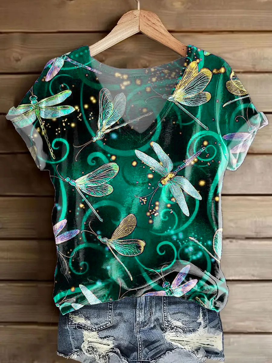 Women's Bohemian Style Dragonfly Art Print V-neck Casual T-Shirt