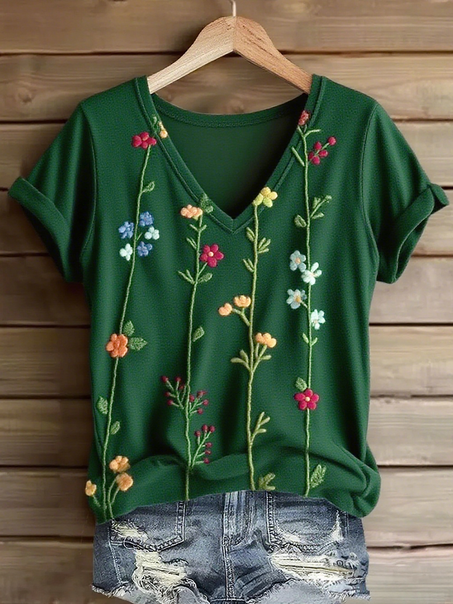 Women's Bohemian Floral Art Print V-neck Casual T-Shirt