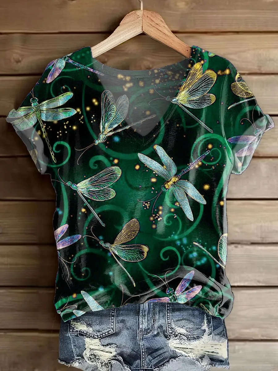 Women's Bohemian Style Dragonfly Art Print V-neck Casual T-Shirt