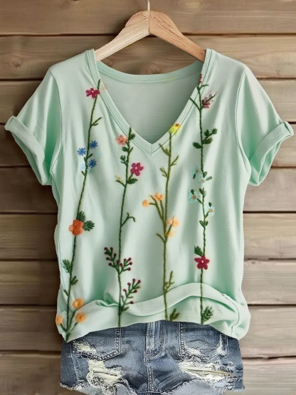 Women's Bohemian Floral Art Print V-neck Casual T-Shirt