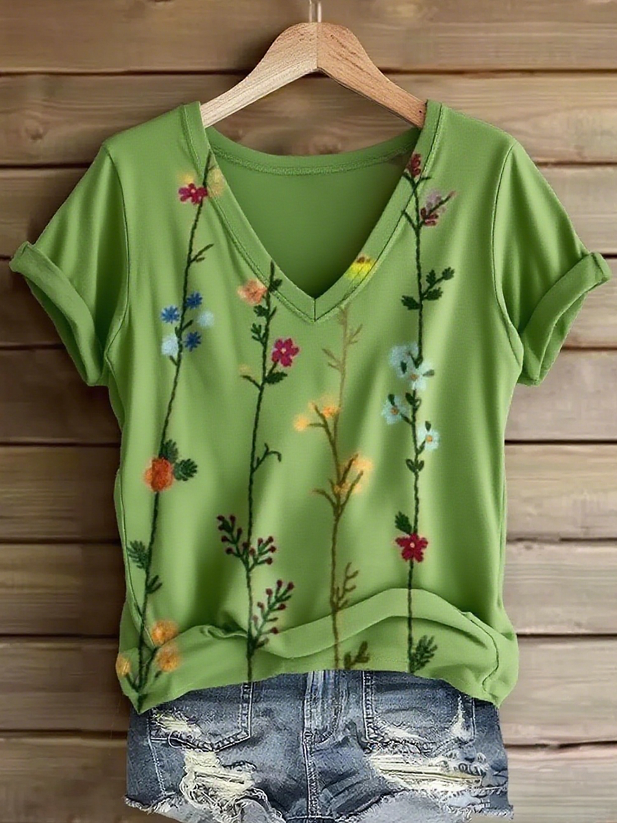 Women's Bohemian Floral Art Print V-neck Casual T-Shirt