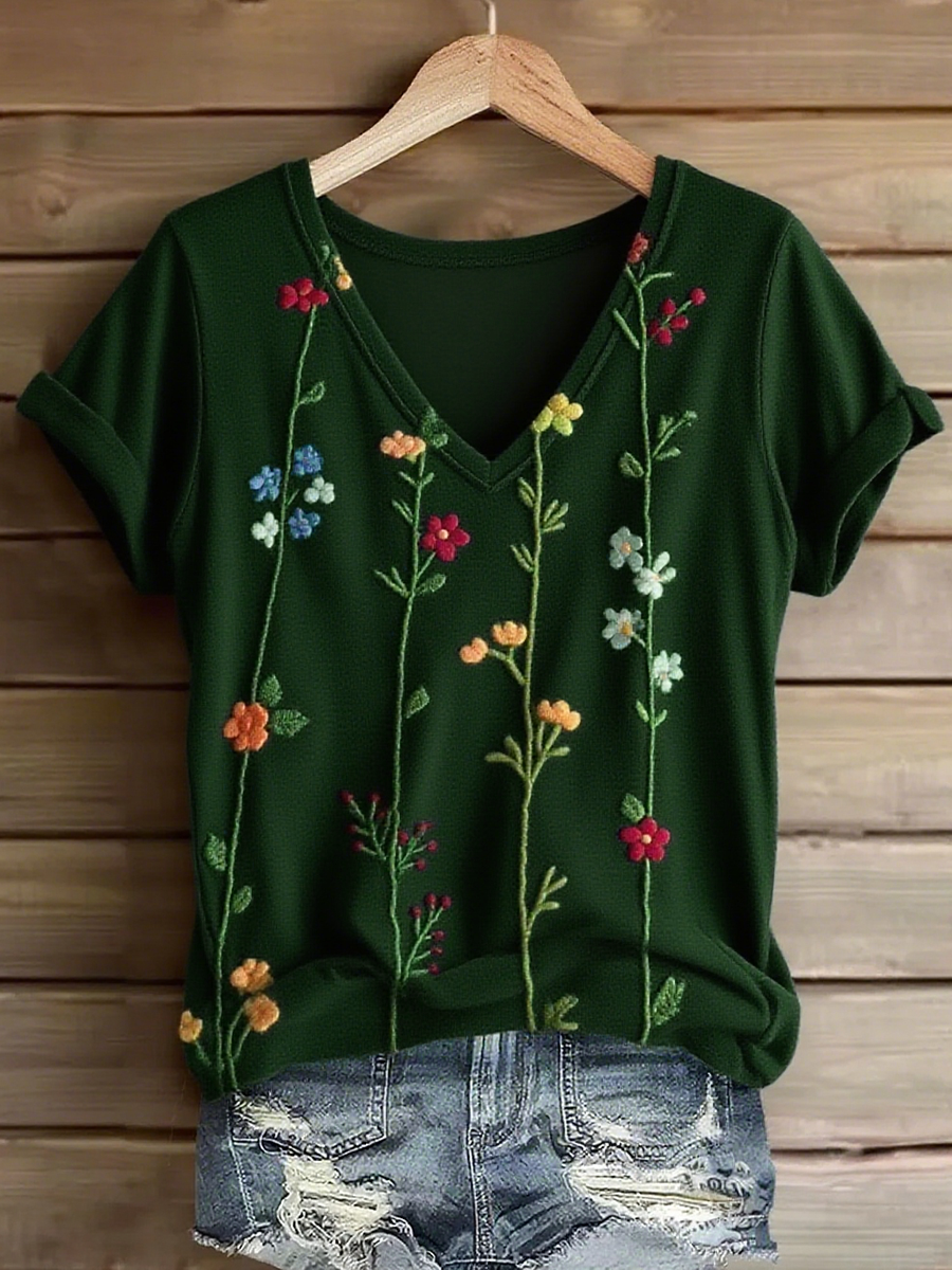 Women's Bohemian Floral Art Print V-neck Casual T-Shirt