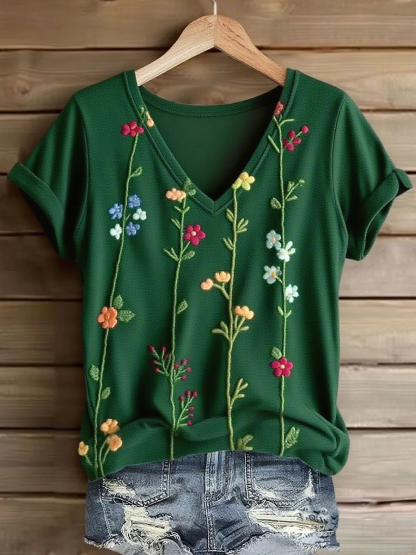 Women's Bohemian Floral Art Print V-neck Casual T-Shirt