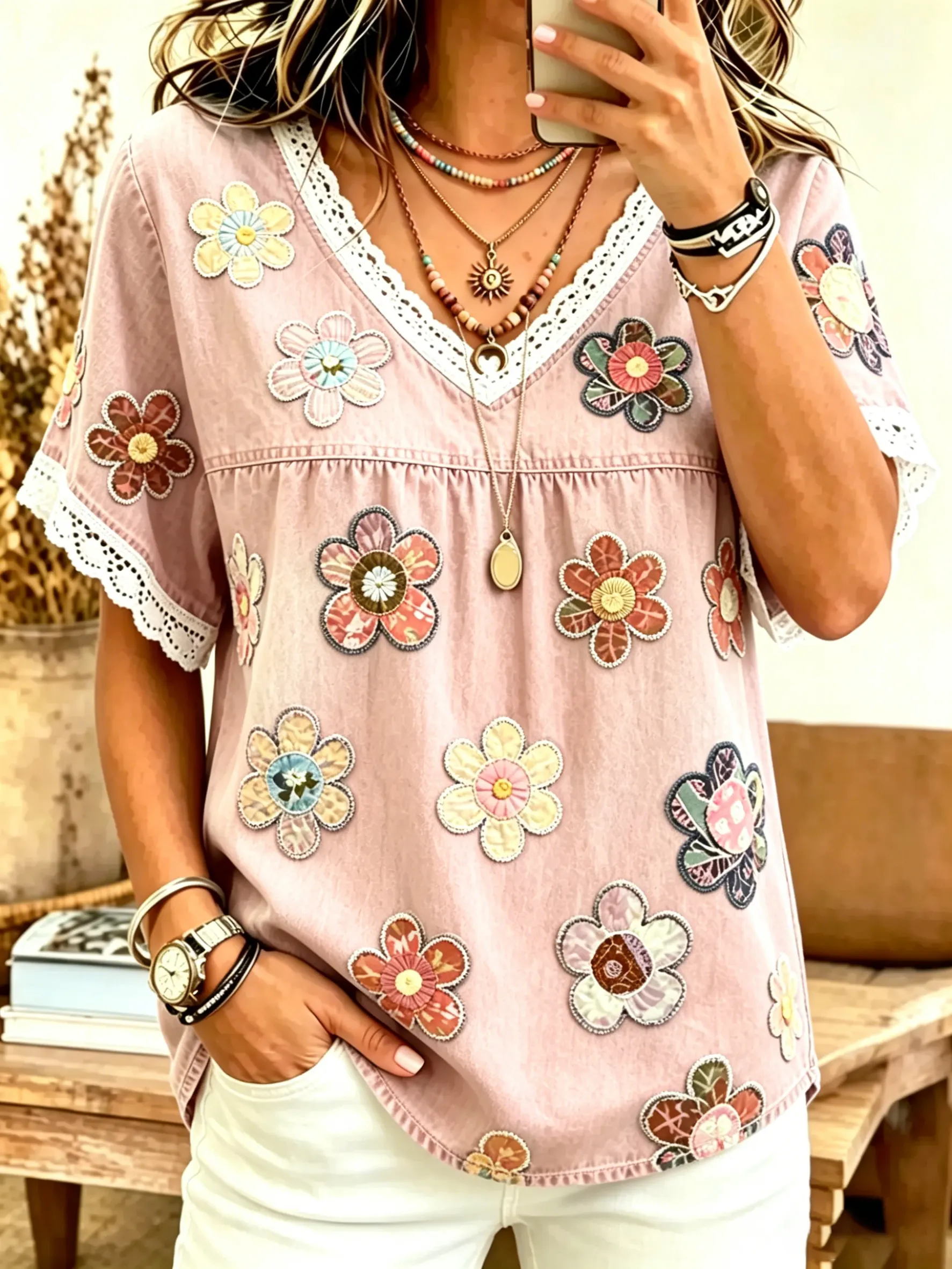 Women's Floral Patchwork Print Cotton Lace Trim V-Neck Blouse