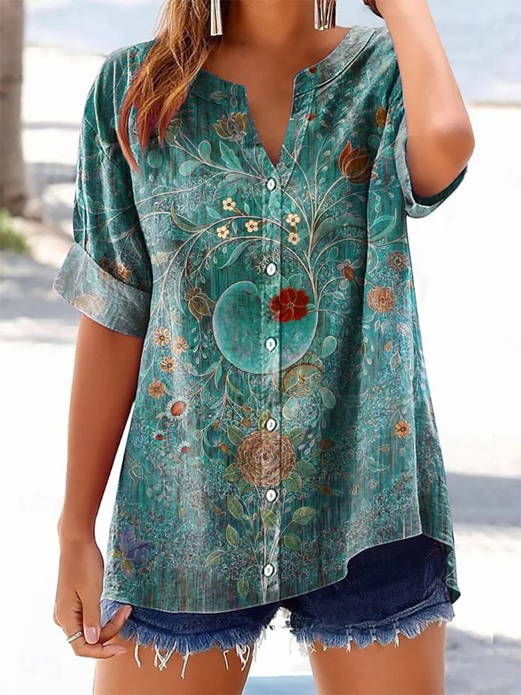 Women's Retro Casual Floral Cotton and Linen Top