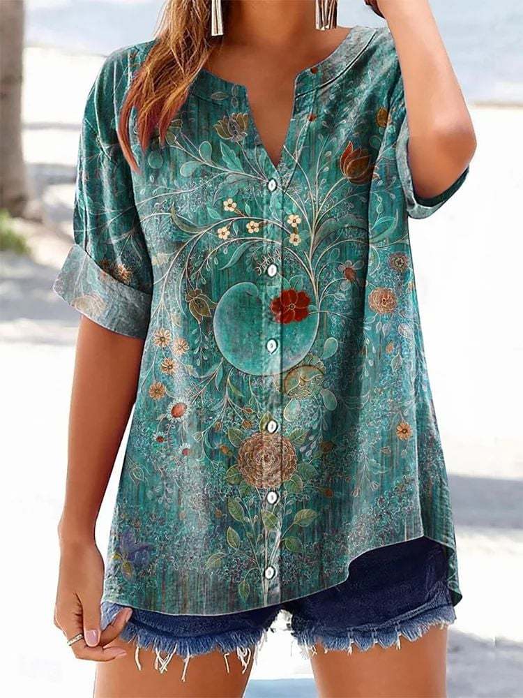 Women's Retro Casual Floral Cotton and Linen Top