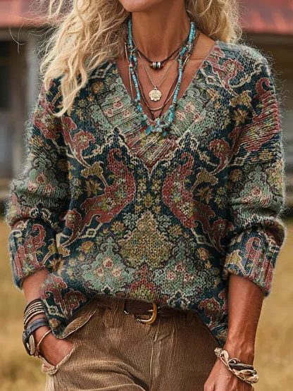 Unisex Retro Ethnic Art Print Casual Long-Sleeve V-Neck Wool Blend Knit Sweater
