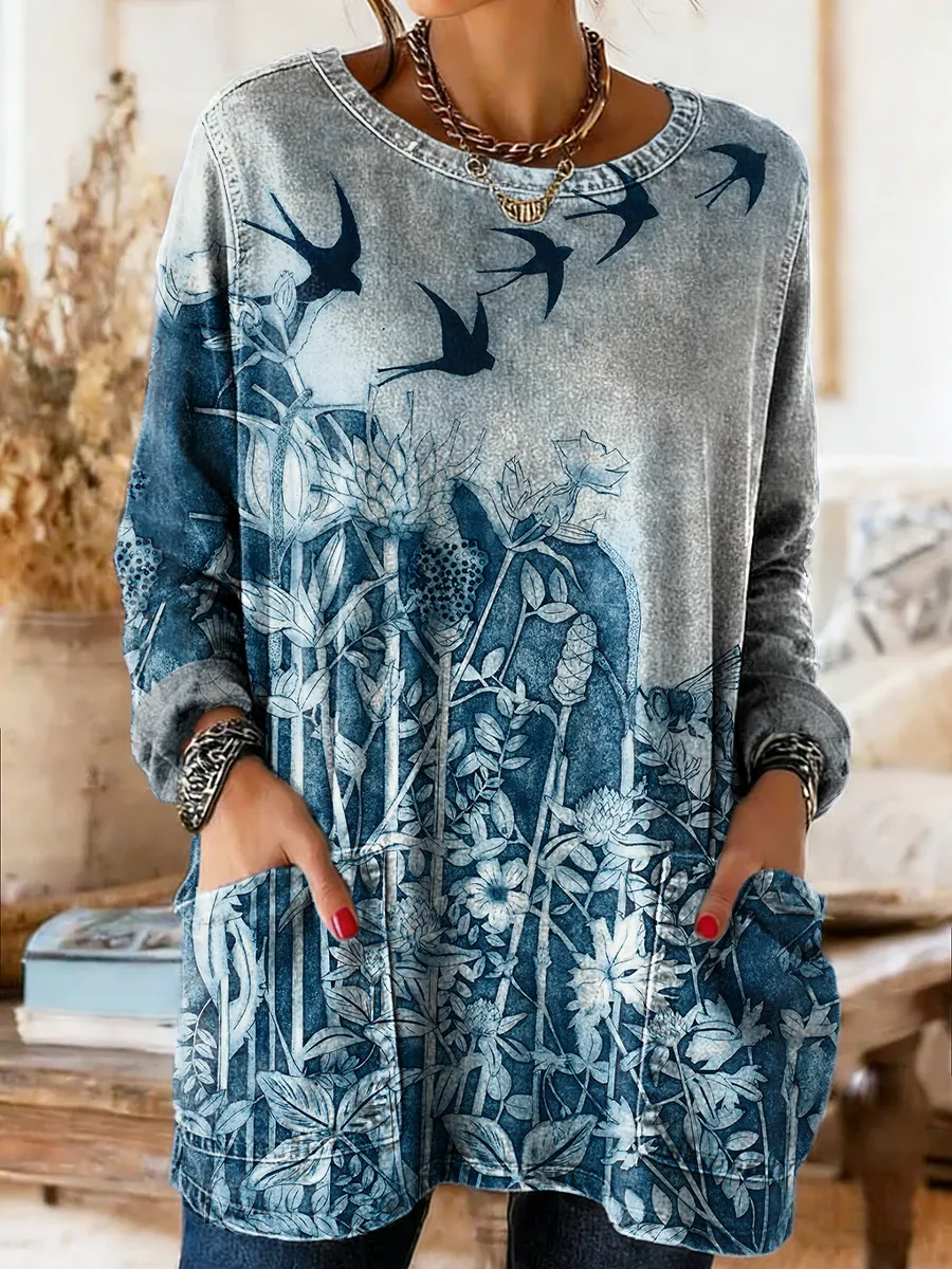Women's Retro Floral And Bird Art Print Casual Long-sleeve Crew Neck P