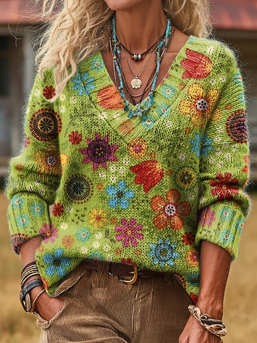 Women's Vintage Green Floral Art Print Casual V-neck Long Sleeve Knitw