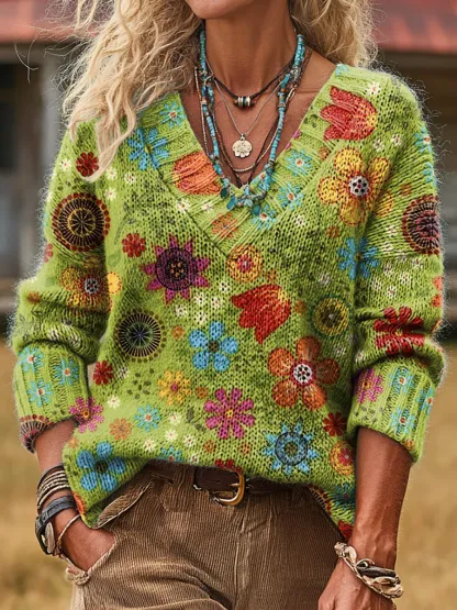 Women's Vintage Green Floral Art Print Casual V-neck Long Sleeve Knitwear