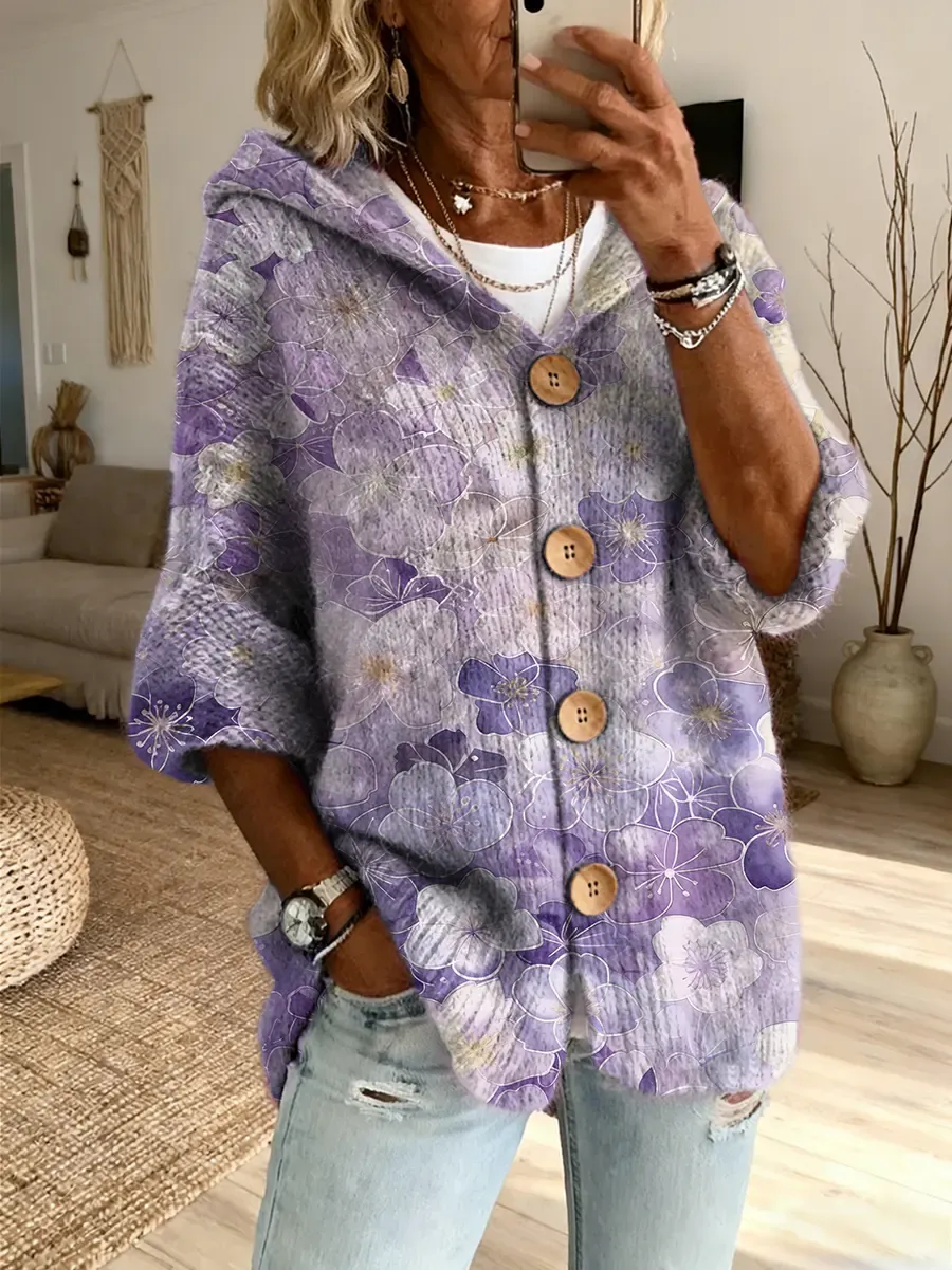 Ethnicity Colorful Flowers Women's Art Print Casual Hooded Cardigan Sweater