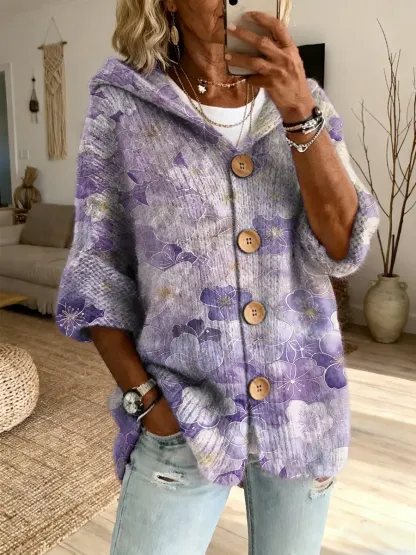 Ethnicity Colorful Flowers Women's Art Print Casual Hooded Cardigan Sweater