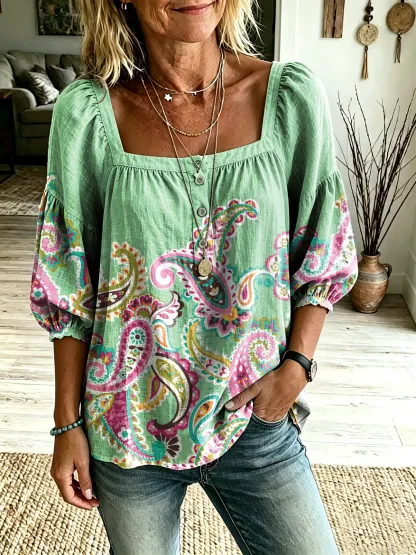 Women's Bohemian Colorful Paisley Floral Art Print Casual Square-Neck Top