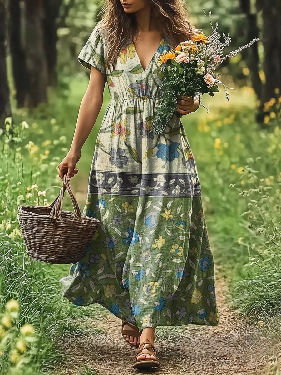 Women's Retro Floral Pattern Artistic Print Casual Round Neck Long Sleeve T-Shirt